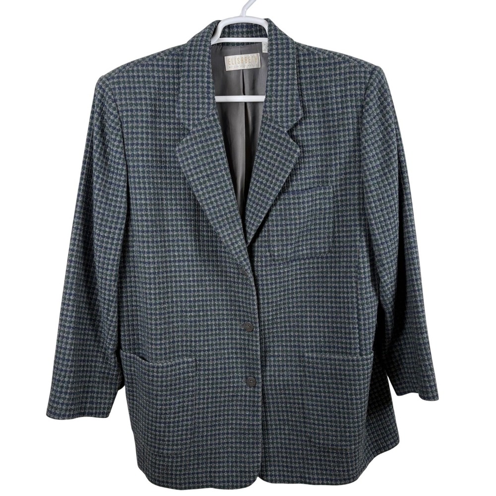 Vtg Elisabeth‎ by Liz Claiborne Womens 18 Blazer Plaid Wool Blend Blue Gray 90s